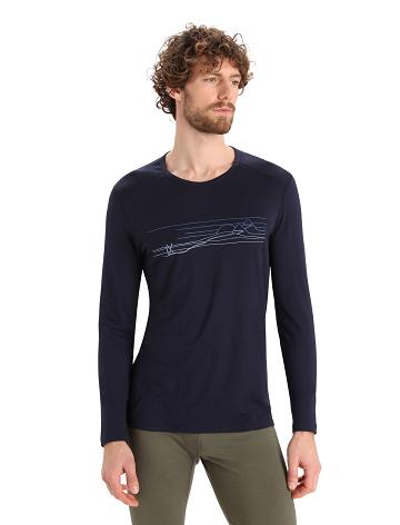 Icebreaker Merino 200 Oasis Long Sleeve Crewe Ski Stripes Férfi Base Layers Sötétkék | HU 1366WNBY